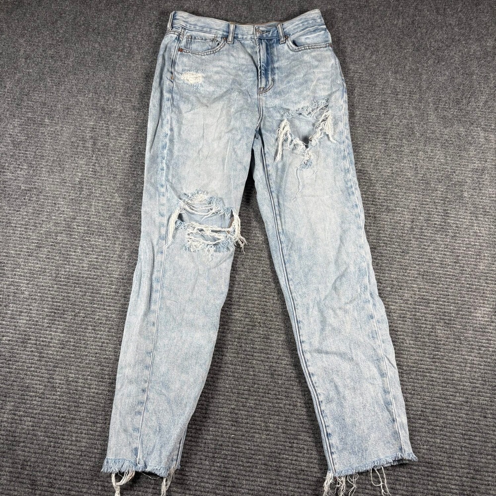 American Eagle Mom Jean Womens 8 Light Blue Distressed High Rise Raw Hem